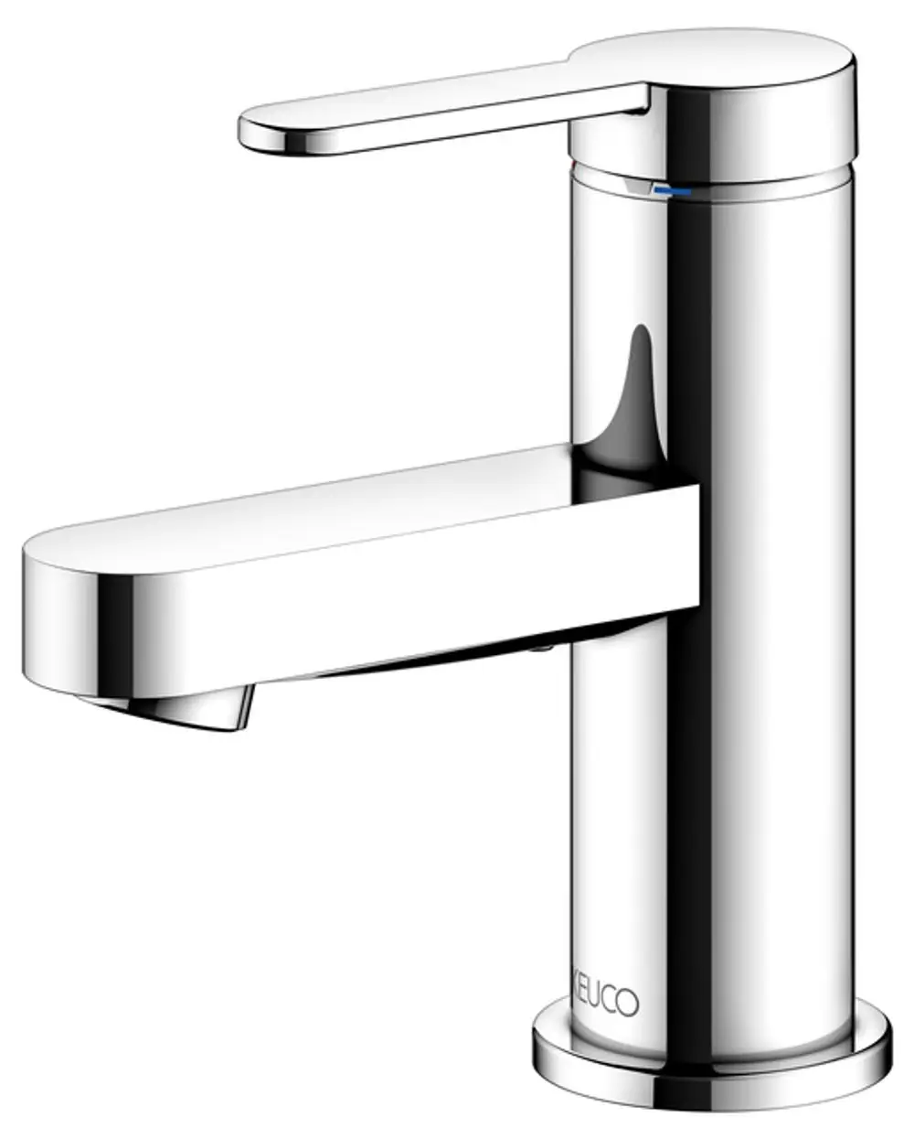 Hochwertiger Waschbeckenmischer von Keuco in modernem Design, aus verchromtem Metall, mit länglichem Auslauf und einem einfachen Bedienhebel.